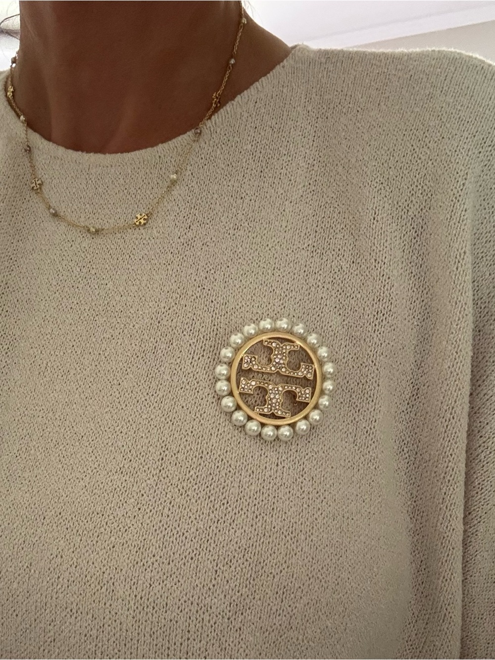 Tory Burch Logo Miller Brooch Crystal Pearl Brooch Pin NWT